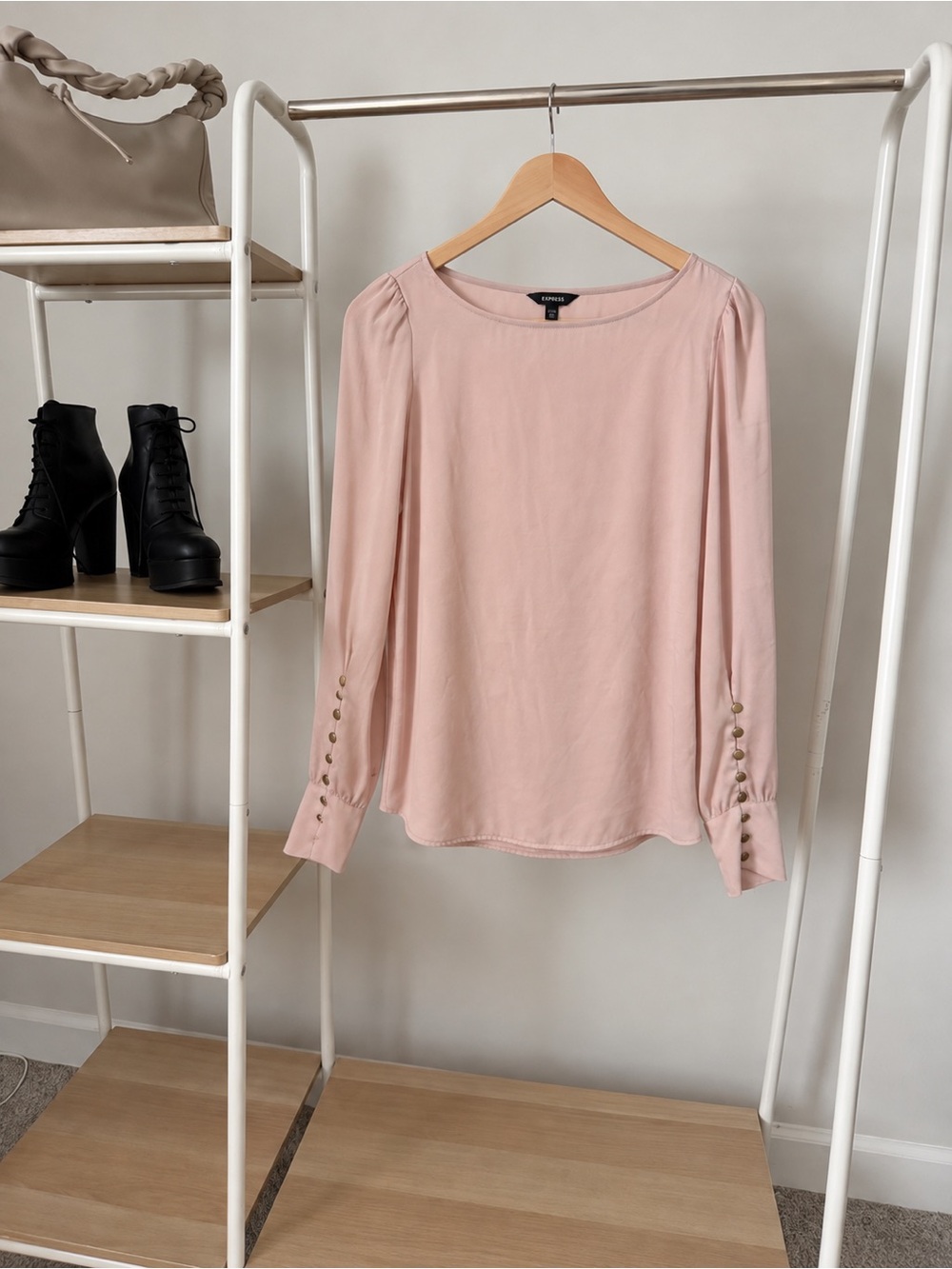 Express Blush Pink Long-Sleeve Blouse with Gold Button Cuffs